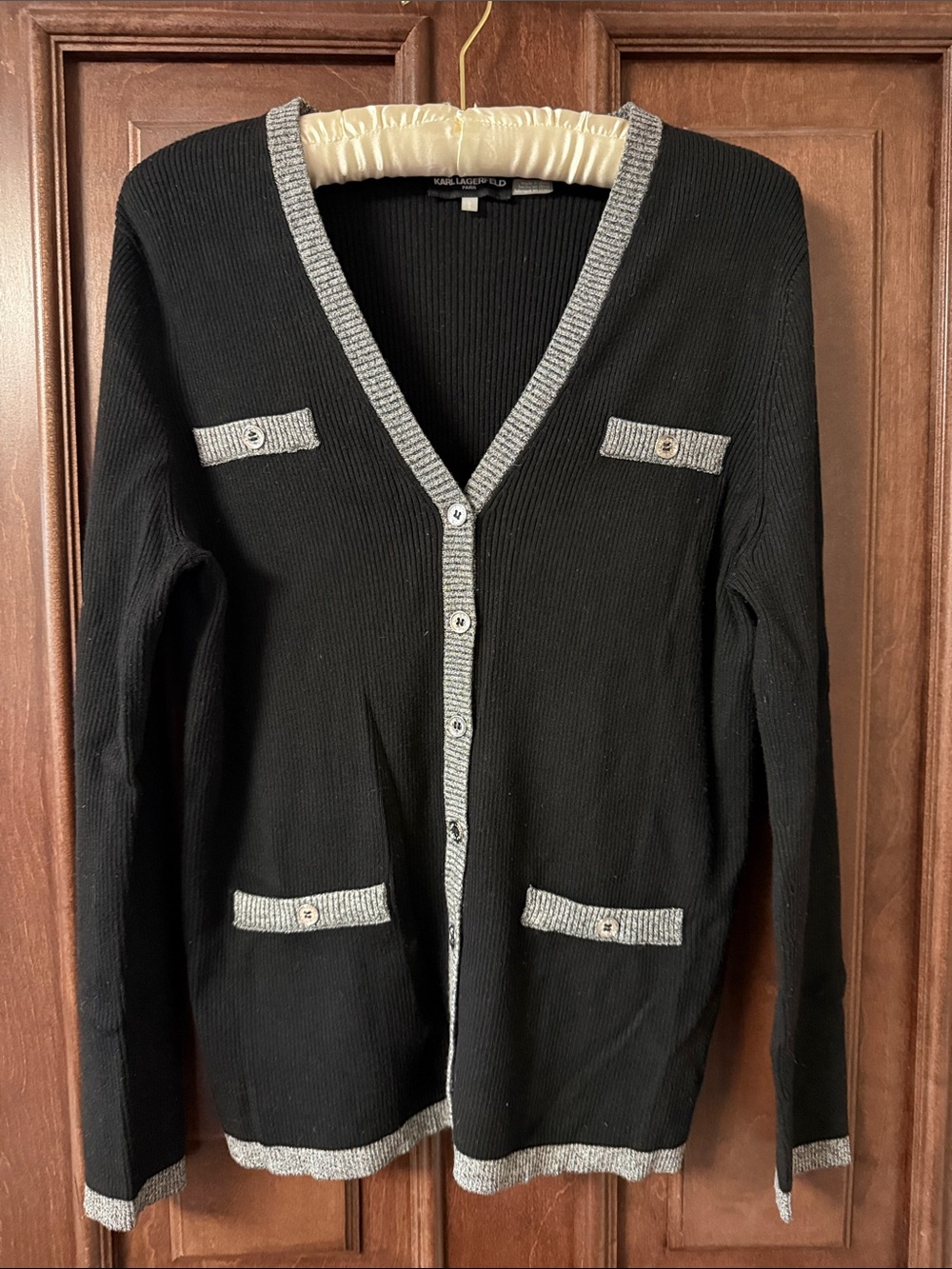 Karl Lagerfeld Black V-Neck Cardigan with Contrast Trim - Women